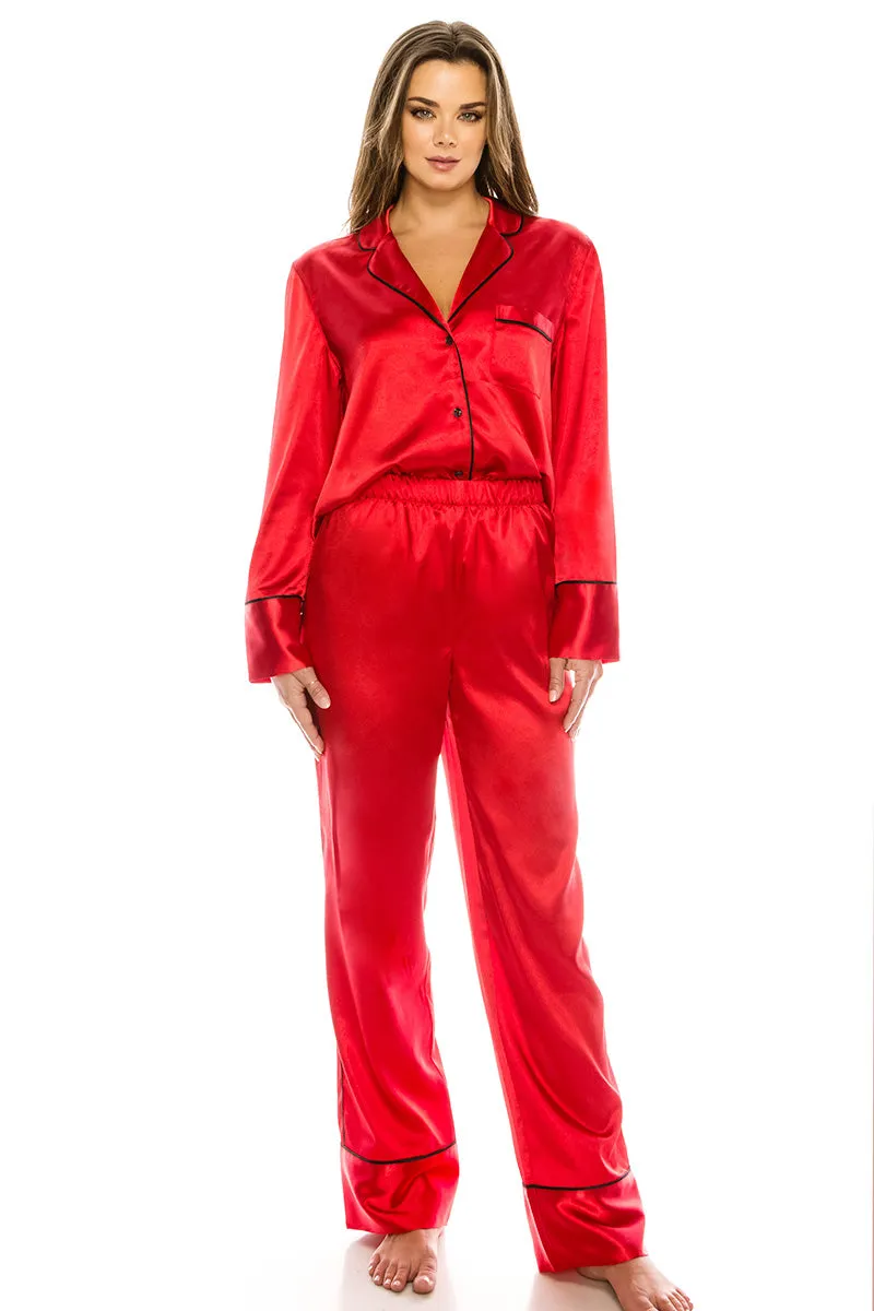 20183 6 Piece 2-Piece Satin Pajama Set – Button-Up Top & Elastic Waist Pants
