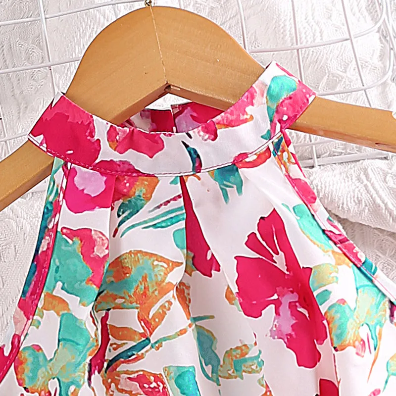 2025 new printed halter neck tops and shorts children's summer dress FD