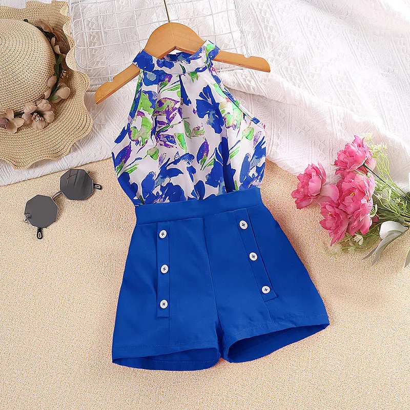 2025 new printed halter neck tops and shorts children's summer dress FD