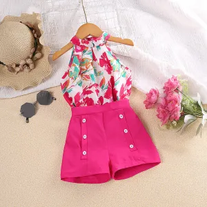 2025 new printed halter neck tops and shorts children's summer dress FD
