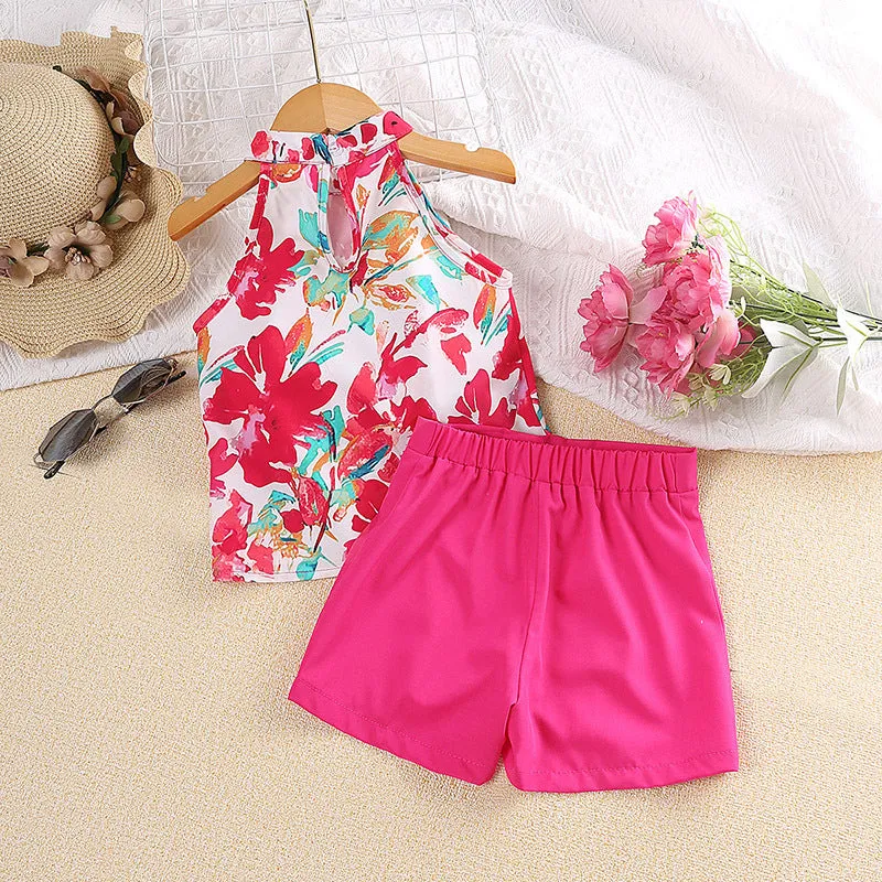 2025 new printed halter neck tops and shorts children's summer dress FD