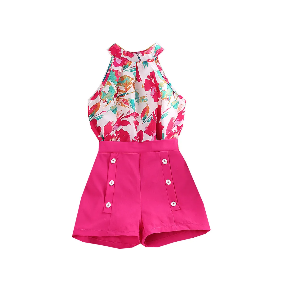 2025 new printed halter neck tops and shorts children's summer dress FD