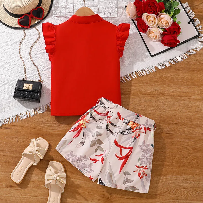 2025 New style flying sleeves single-breasted tops printed shorts two-piece suit