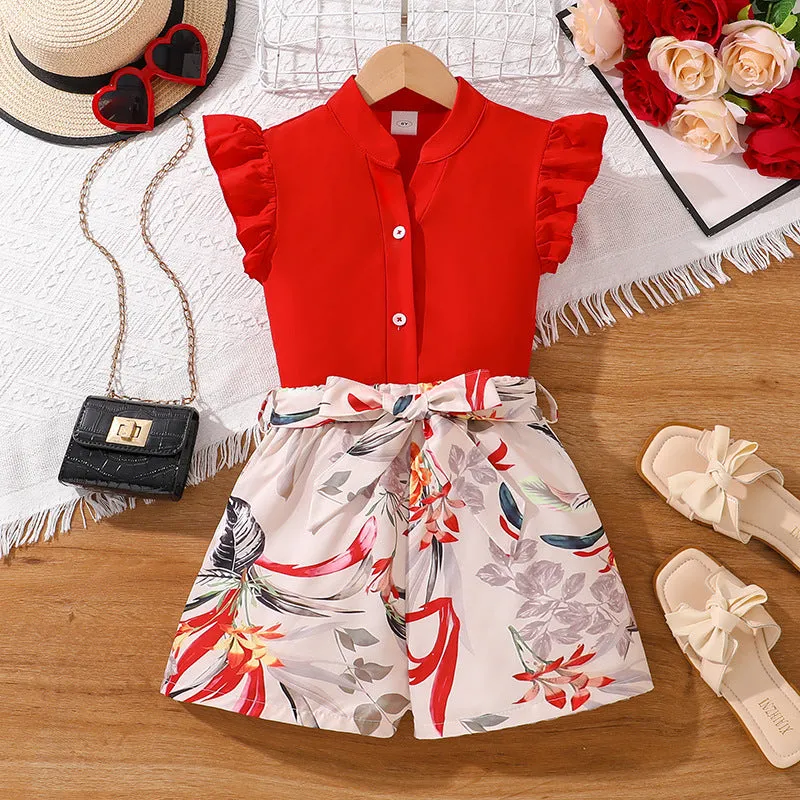2025 New style flying sleeves single-breasted tops printed shorts two-piece suit