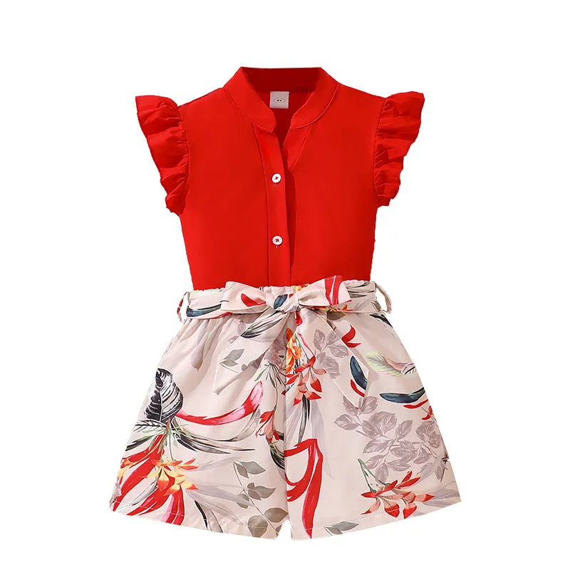 2025 New style flying sleeves single-breasted tops printed shorts two-piece suit