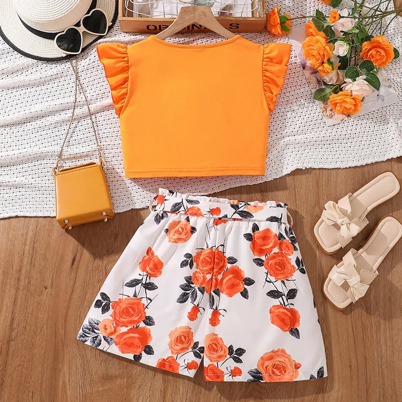 2025 summer new style V-neck flying sleeves twisted hem tops printed shorts two pieces