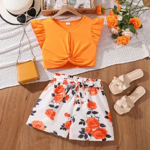 2025 summer new style V-neck flying sleeves twisted hem tops printed shorts two pieces