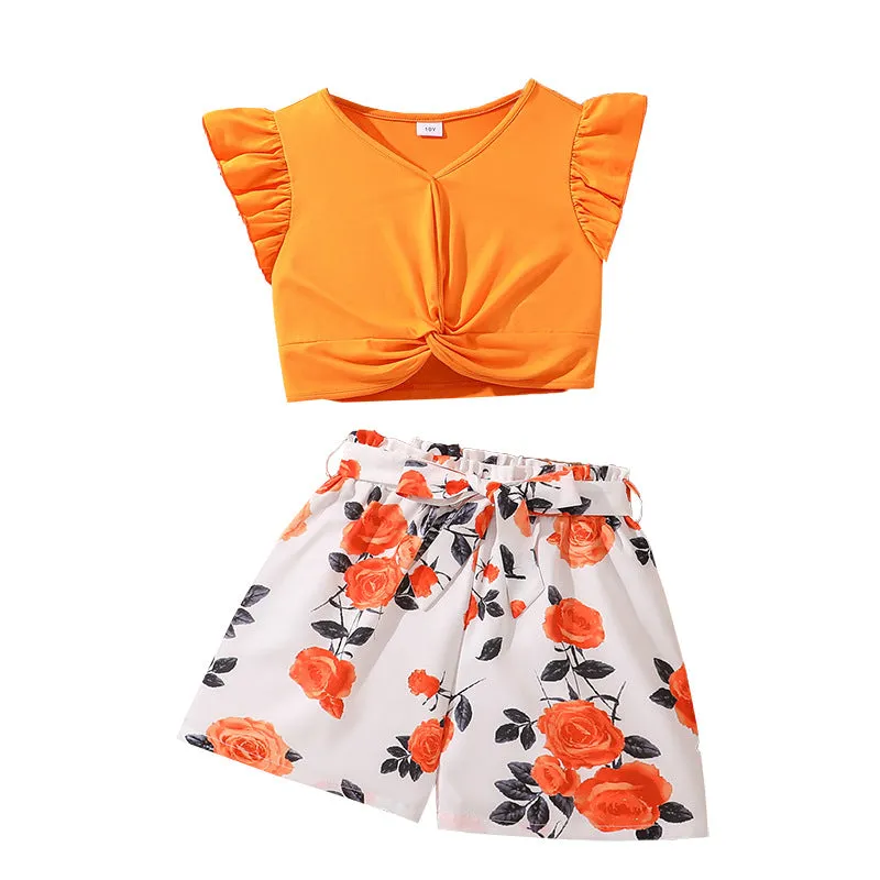 2025 summer new style V-neck flying sleeves twisted hem tops printed shorts two pieces