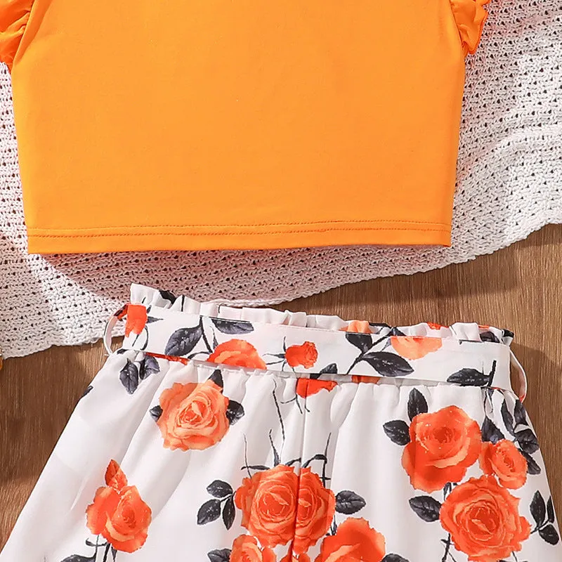 2025 summer new style V-neck flying sleeves twisted hem tops printed shorts two pieces