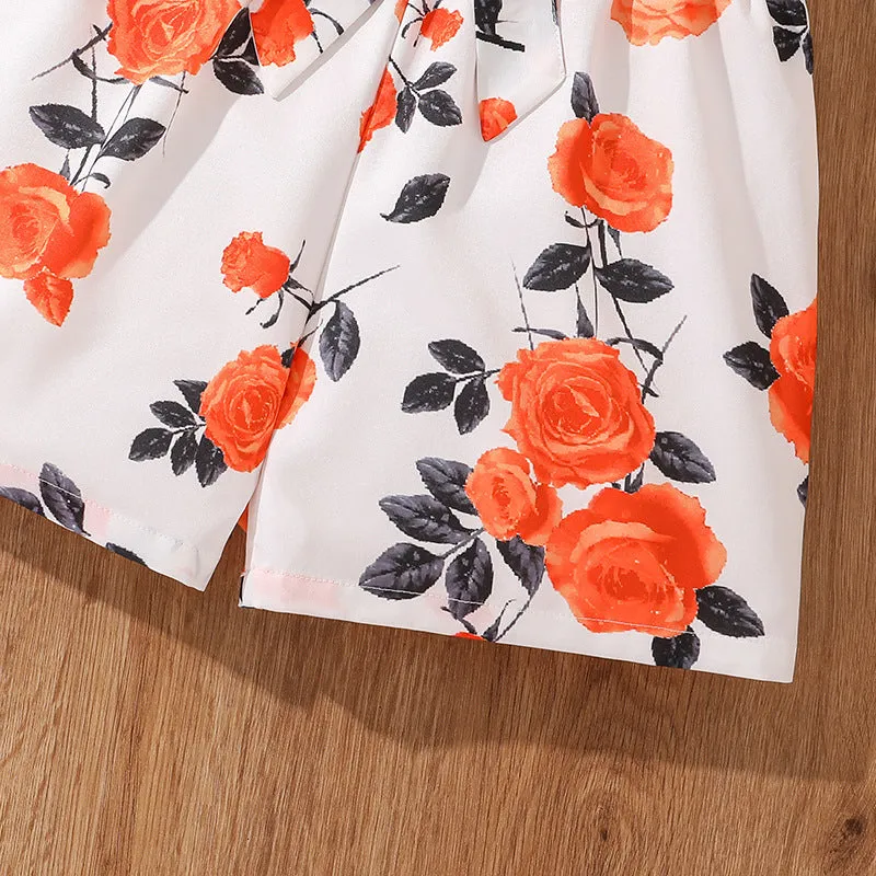 2025 summer new style V-neck flying sleeves twisted hem tops printed shorts two pieces
