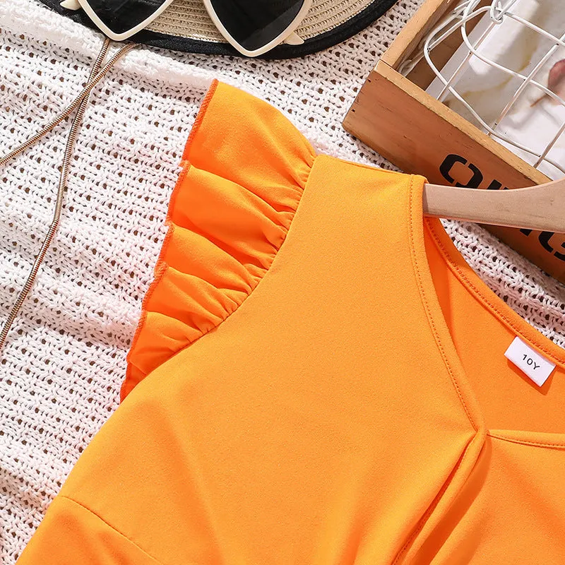 2025 summer new style V-neck flying sleeves twisted hem tops printed shorts two pieces