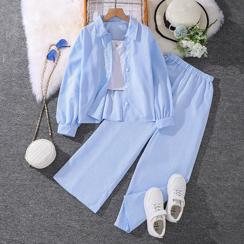 7-12 girls spring striped long-sleeved shirt tops two-piece suit FD