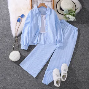 7-12 girls spring striped long-sleeved shirt tops two-piece suit FD