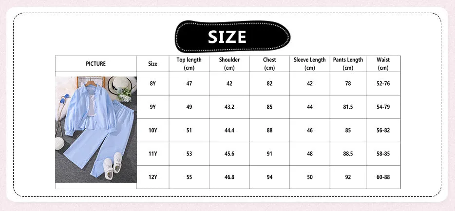 7-12 girls spring striped long-sleeved shirt tops two-piece suit FD