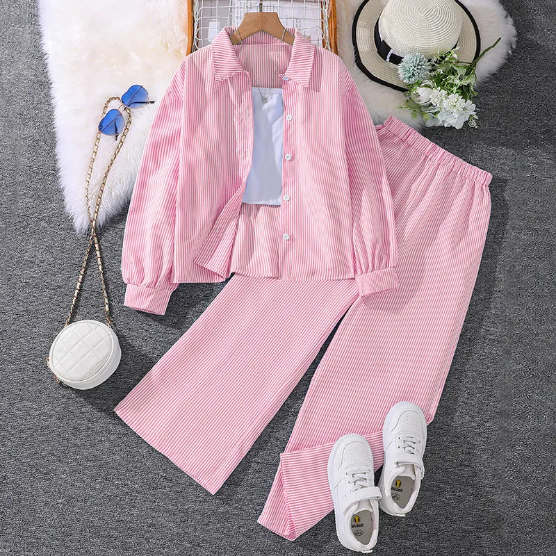 7-12 girls spring striped long-sleeved shirt tops two-piece suit FD
