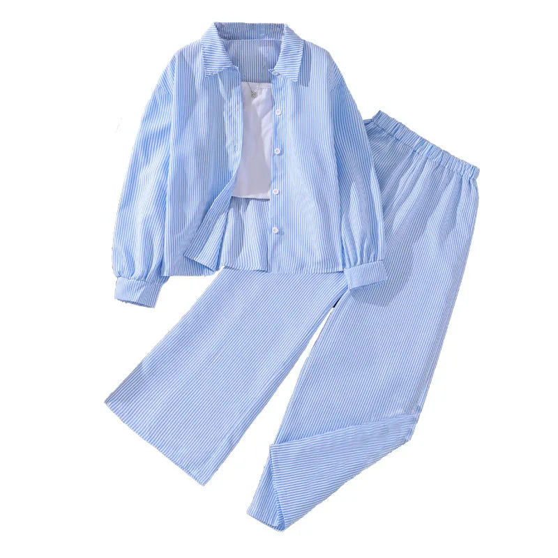 7-12 girls spring striped long-sleeved shirt tops two-piece suit FD