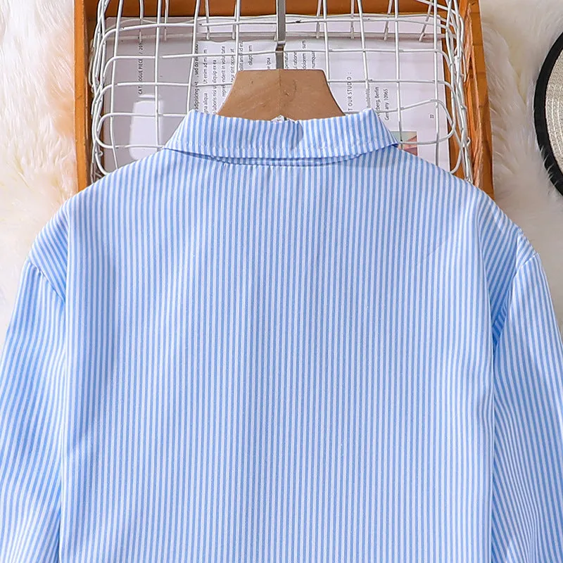 7-12 girls spring striped long-sleeved shirt tops two-piece suit FD