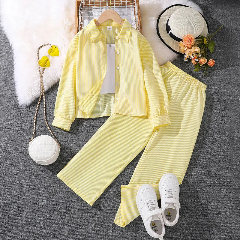 7-12 girls spring striped long-sleeved shirt tops two-piece suit FD