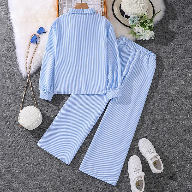7-12 girls spring striped long-sleeved shirt tops two-piece suit FD