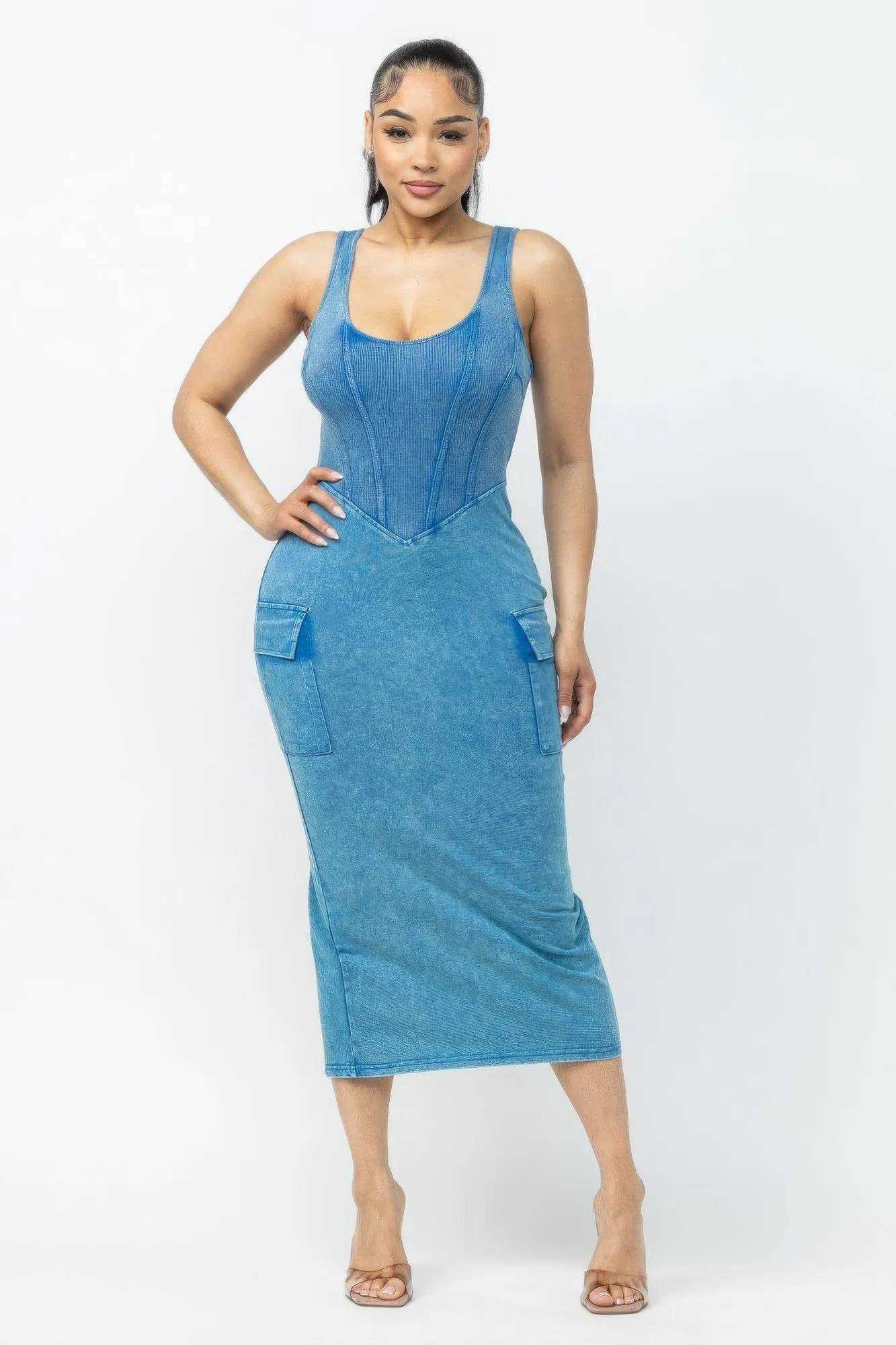 Acid Washed Blue Denim Cargo Midi Dress