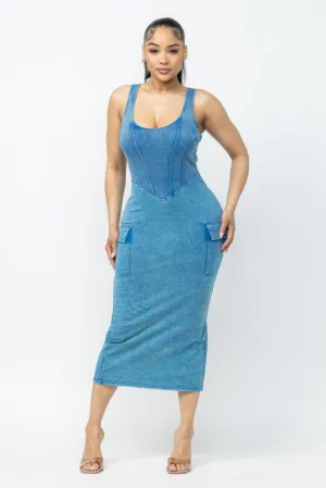 Acid Washed Blue Denim Cargo Midi Dress