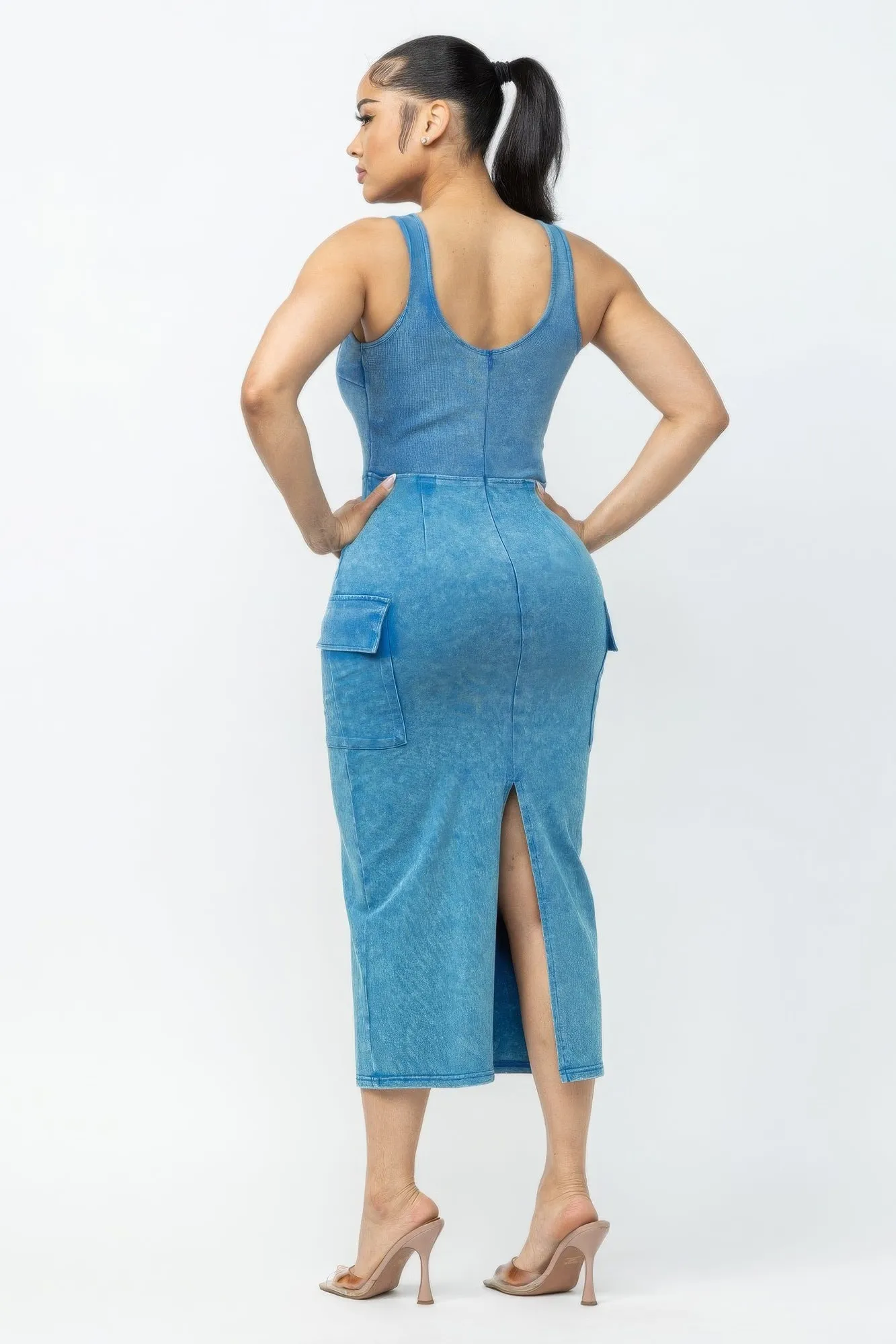 Acid Washed Blue Denim Cargo Midi Dress