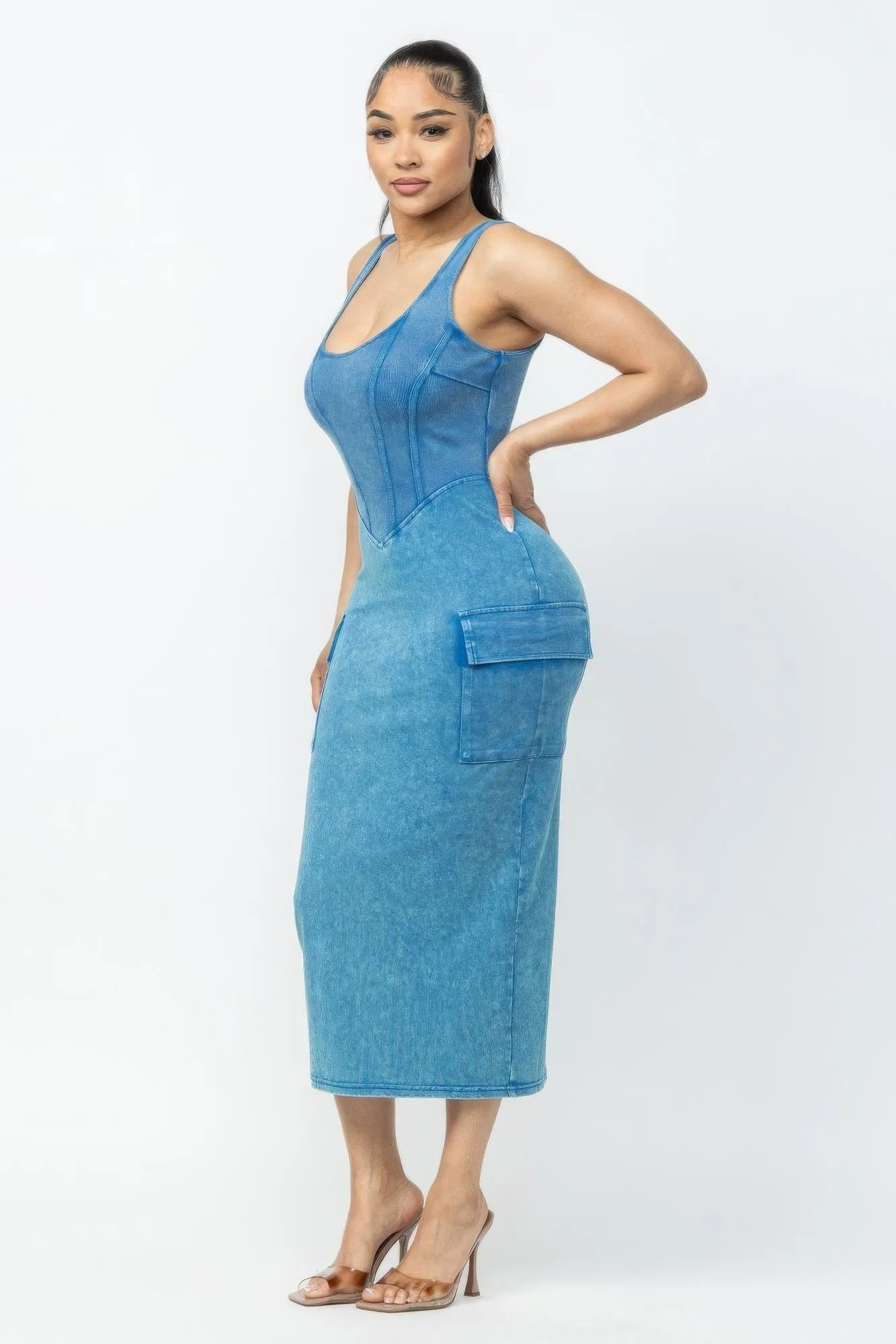 Acid Washed Blue Denim Cargo Midi Dress