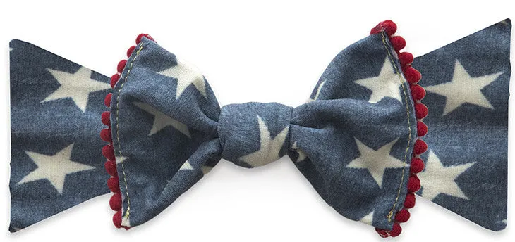 Baby Bling Denim Stars w/Pom Trimmed Knot Headband