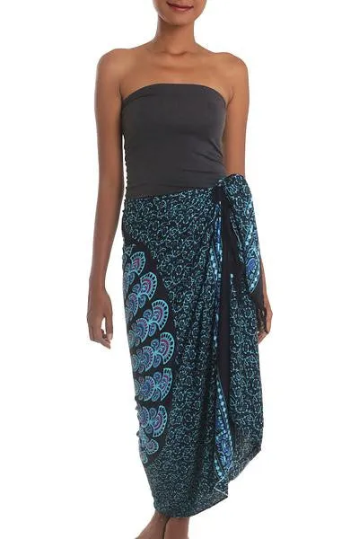 Batik Hand-dyed Sarong w/Floral Sunburst Print (one size fits most)