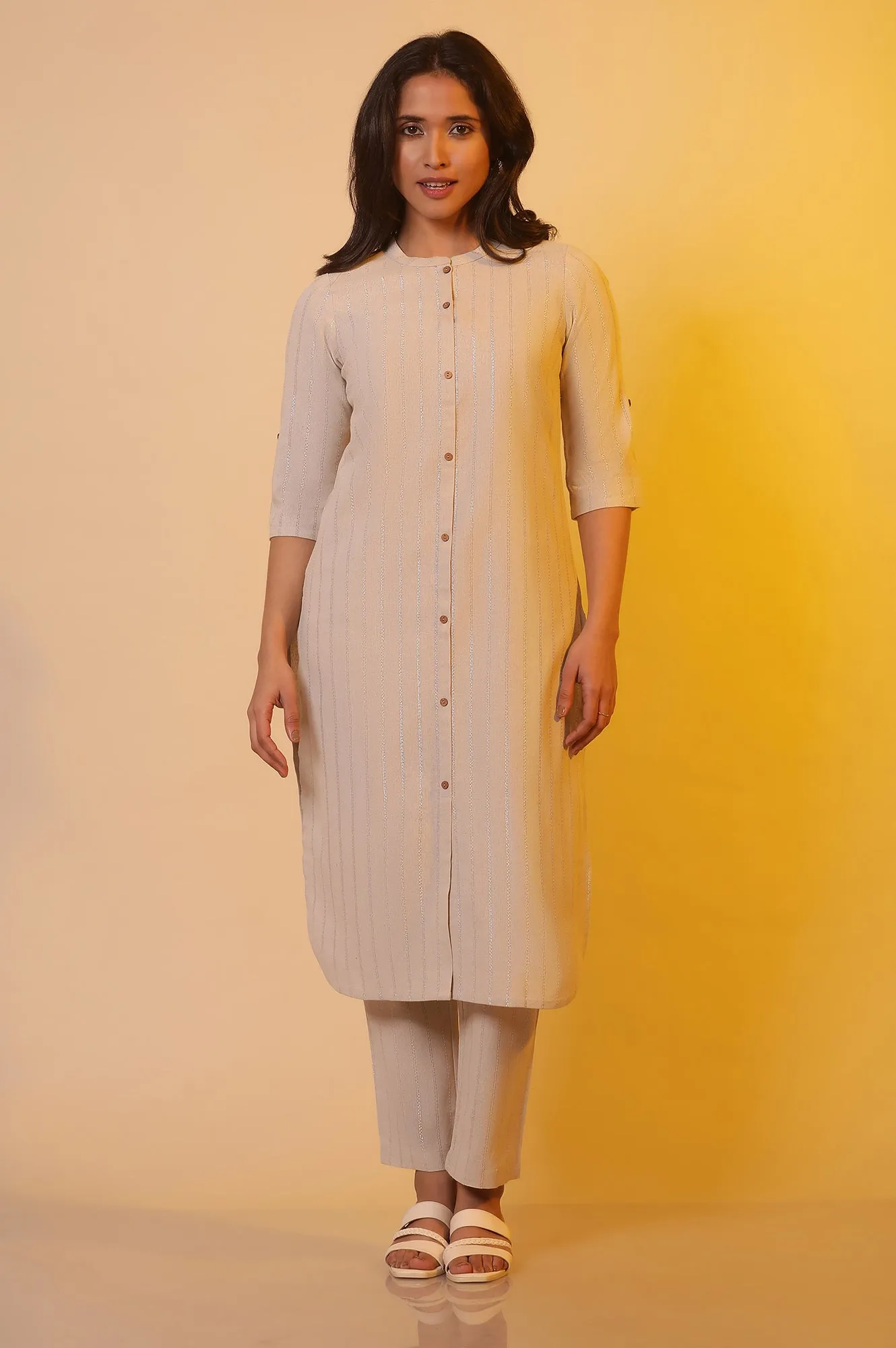 Beige with Lurex Stripes Kurta and Palazzo Co-ord Set
