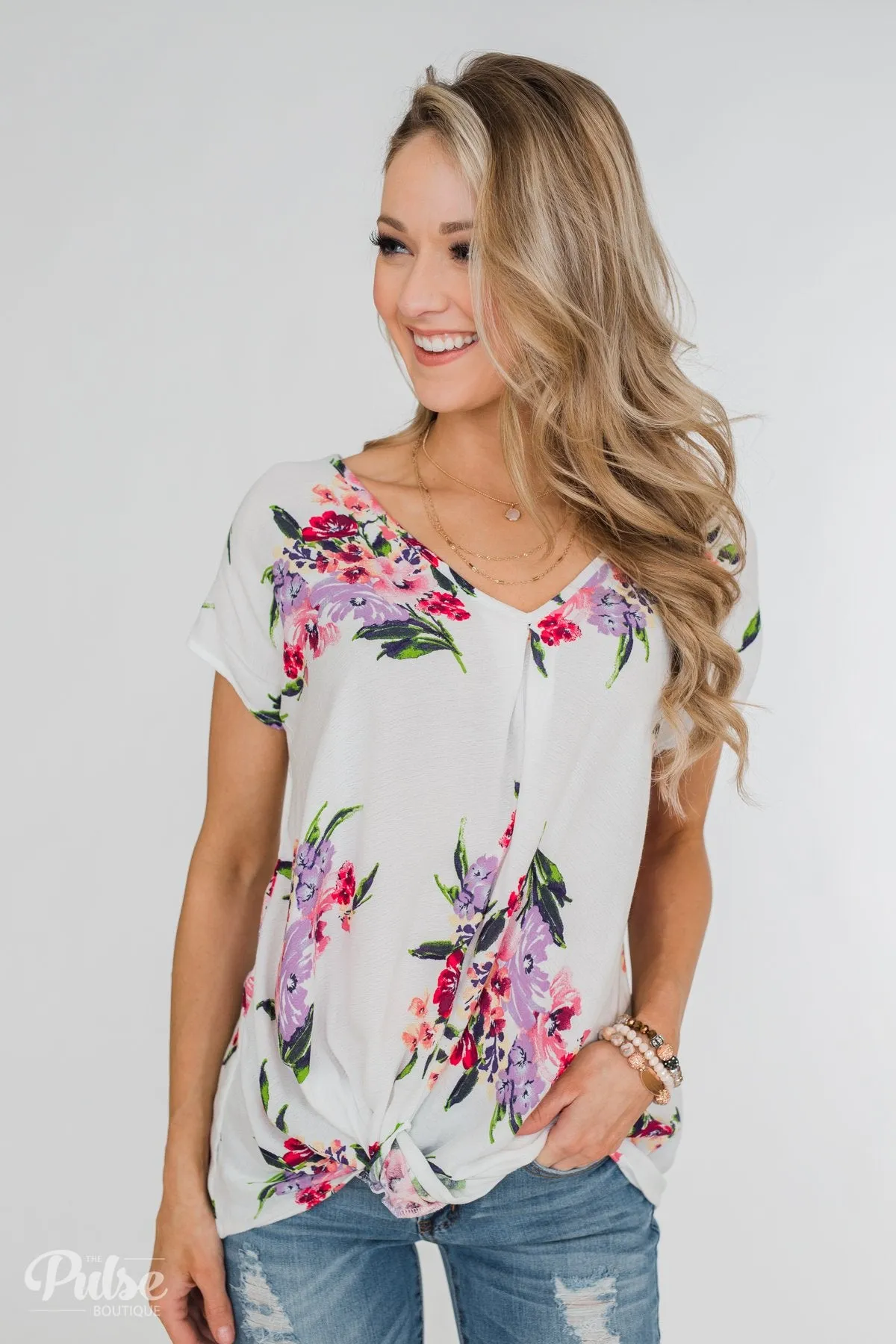 Best Day Ever Floral Twist Short Sleeve Top- Ivory