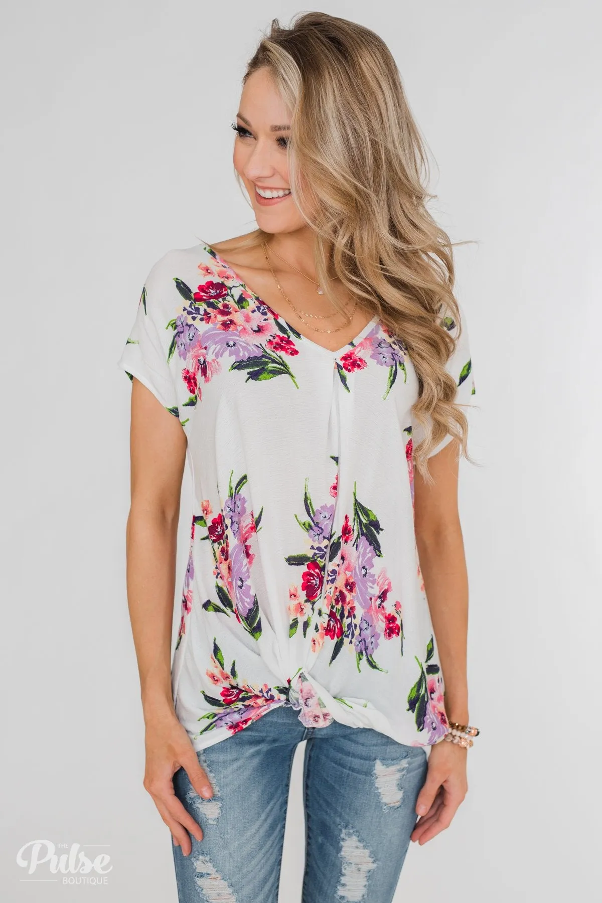 Best Day Ever Floral Twist Short Sleeve Top- Ivory