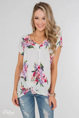 Best Day Ever Floral Twist Short Sleeve Top- Ivory
