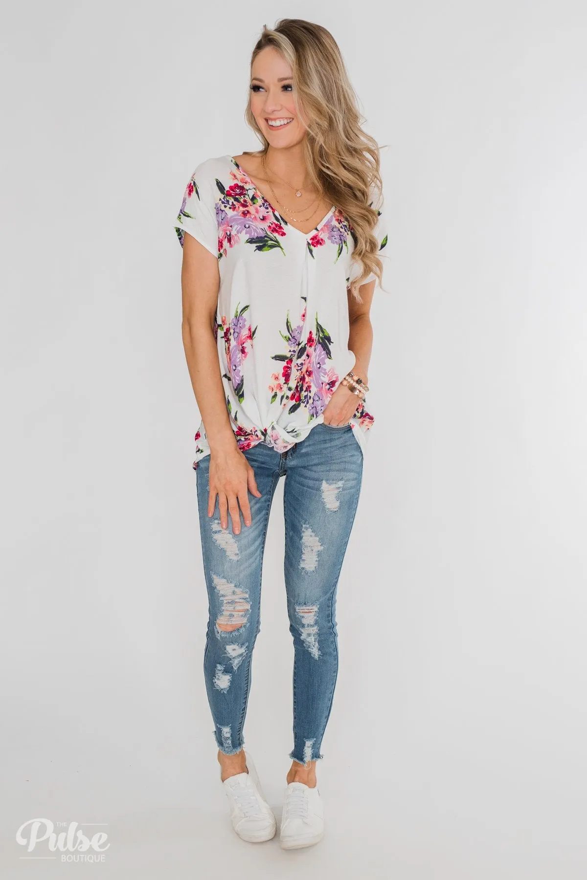 Best Day Ever Floral Twist Short Sleeve Top- Ivory