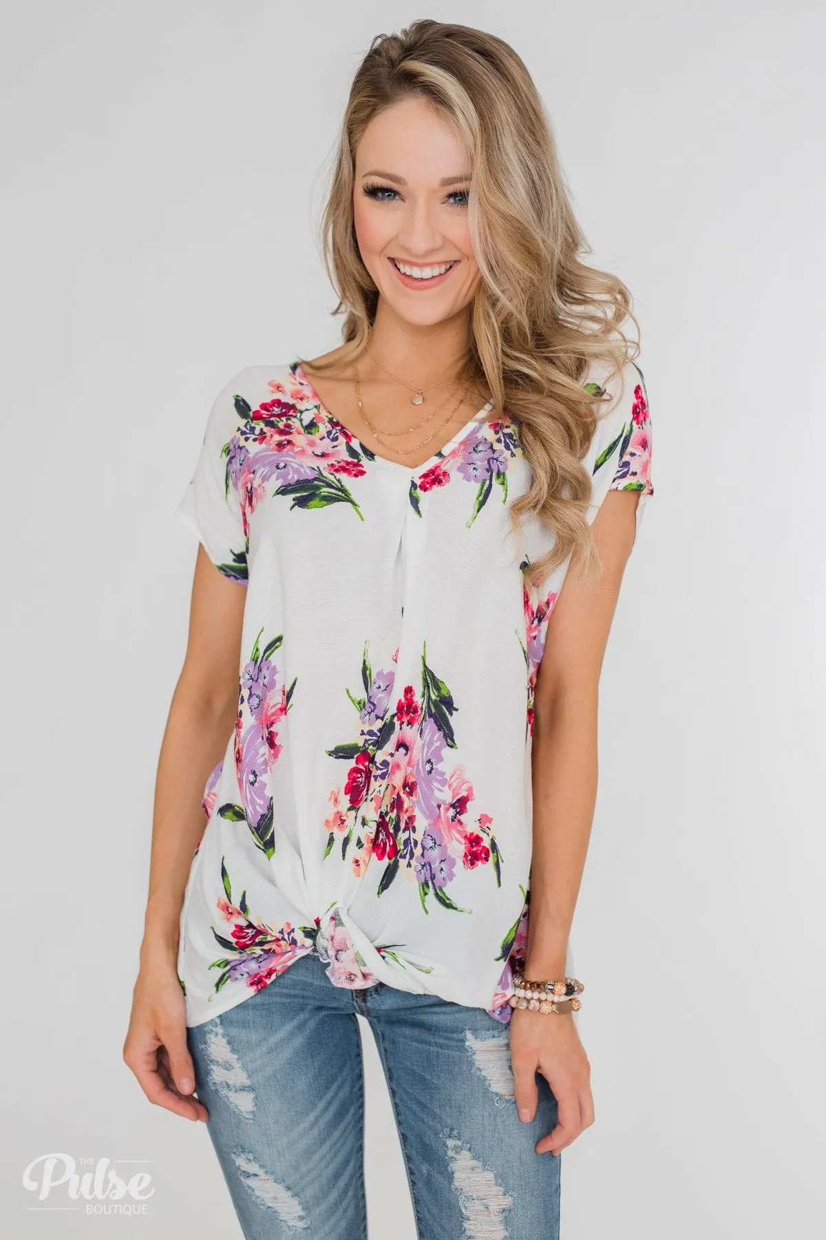 Best Day Ever Floral Twist Short Sleeve Top- Ivory