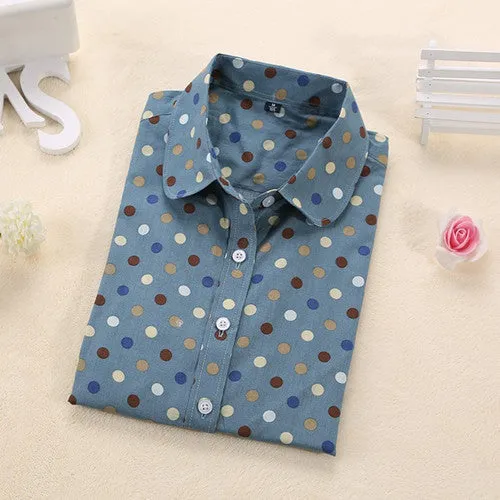 Brand Polka Dot Shirt Women Long Sleeve Blouse Cotton Plus Size Ladies Tops Turn-Down Collar