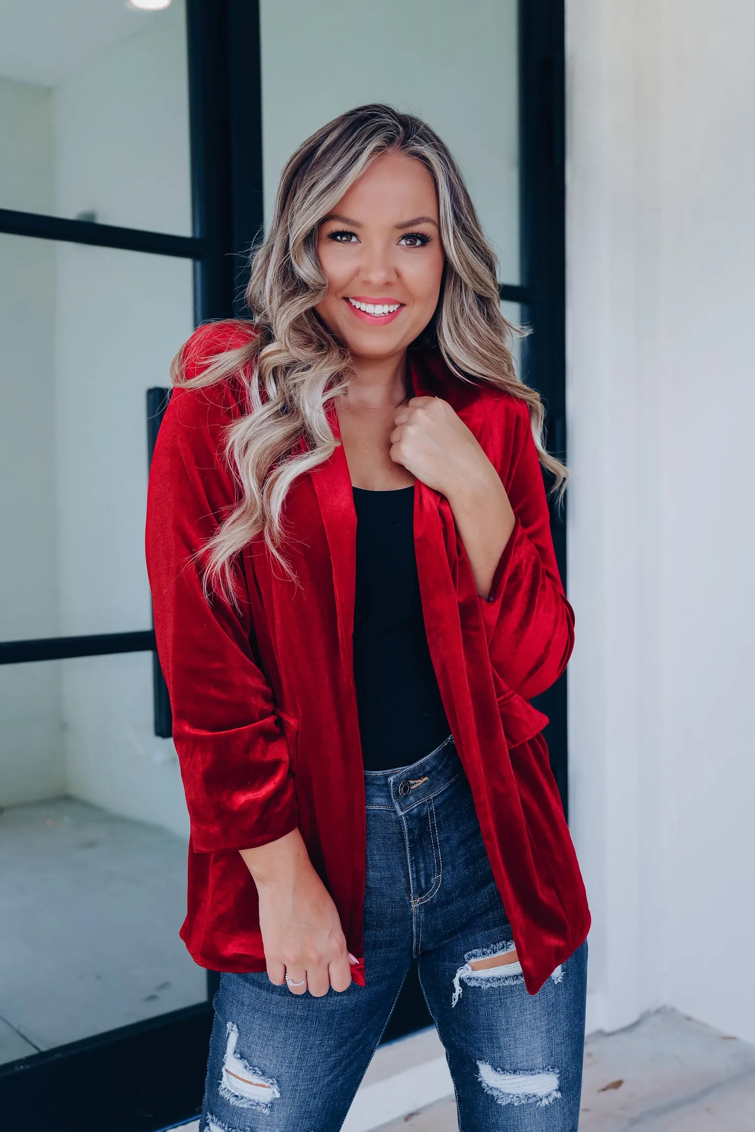 Broadway Velvet Blazer - Burgundy