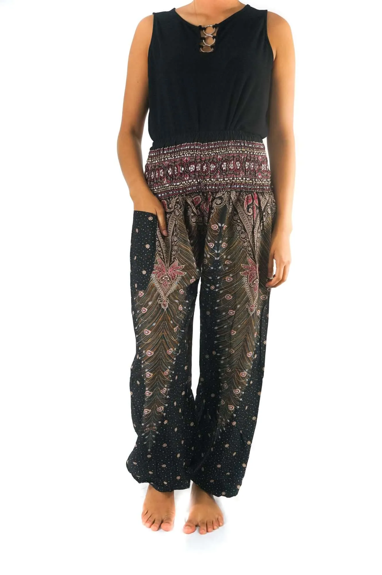 Brown Pink Peacock Womens Boho Harem Pants