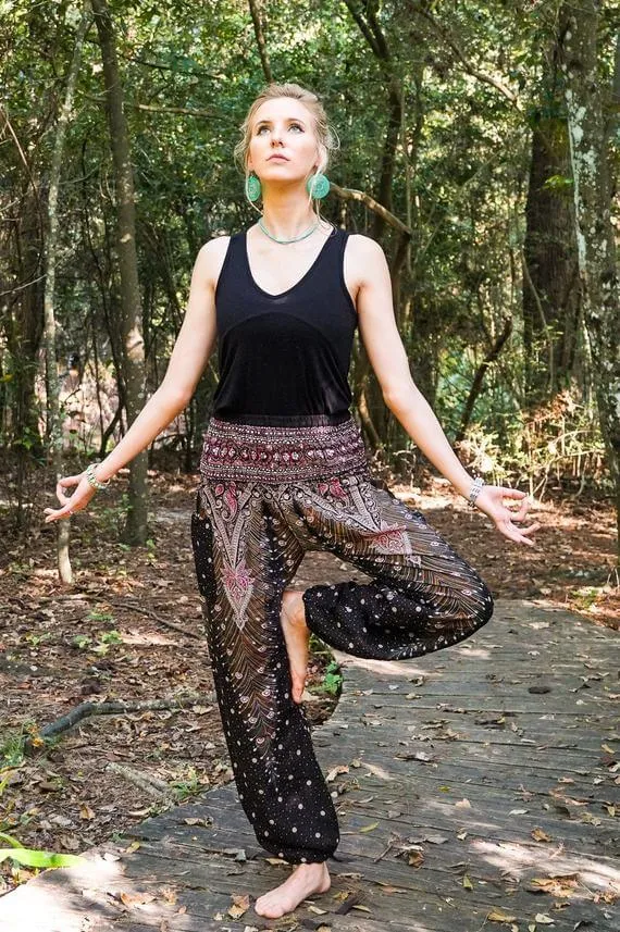 Brown Pink Peacock Womens Boho Harem Pants