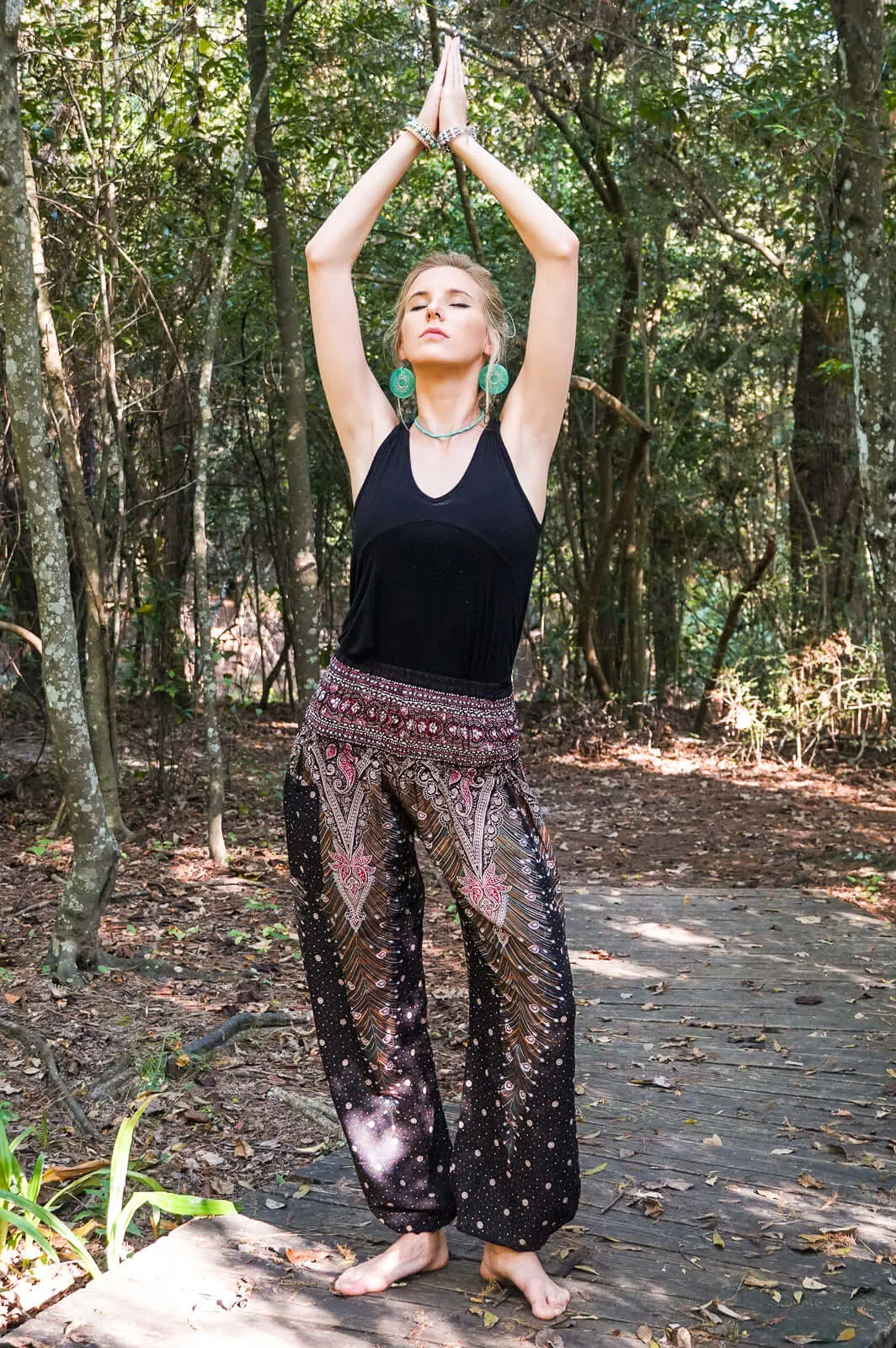 Brown Pink Peacock Womens Boho Harem Pants