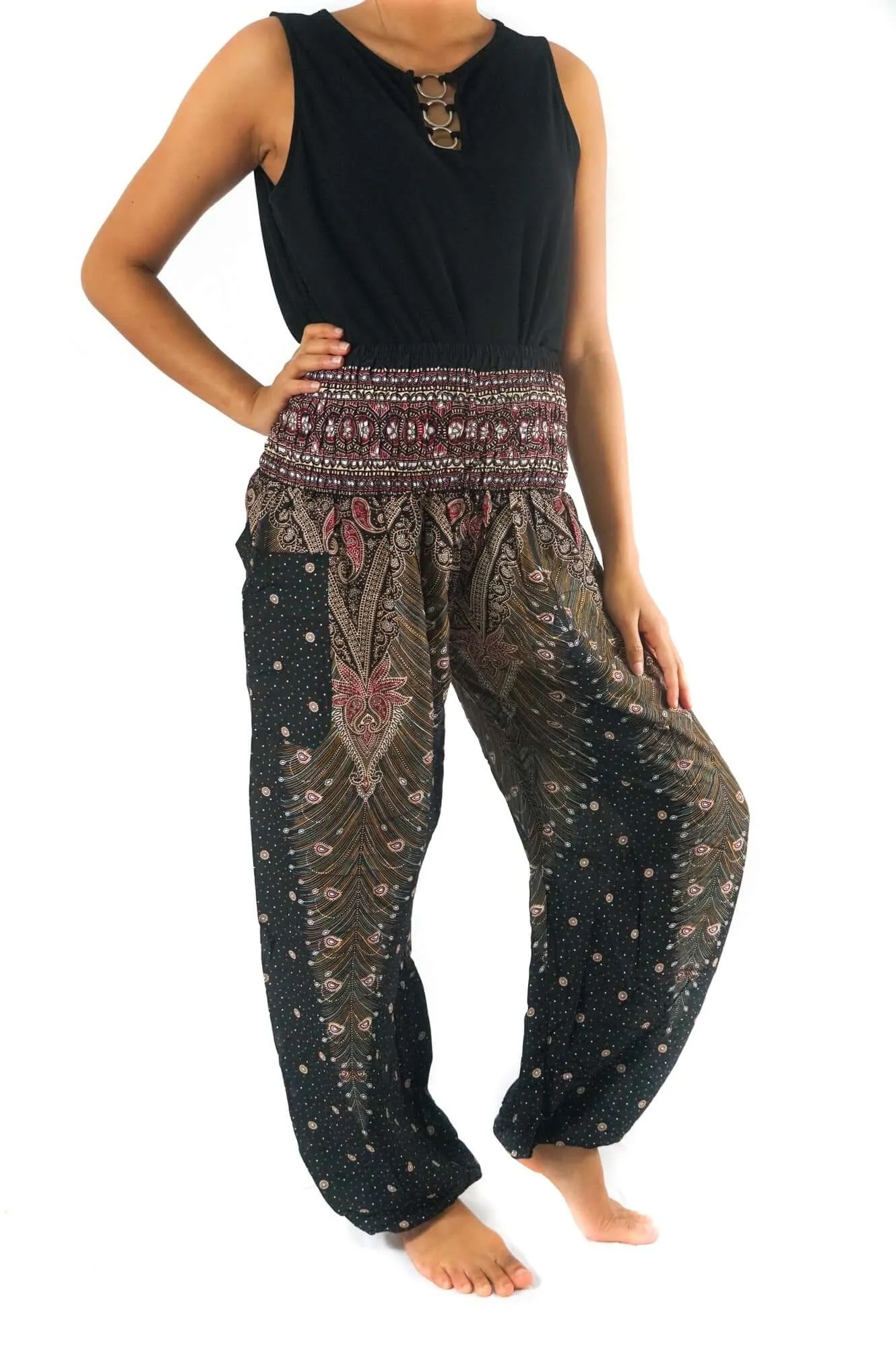 Brown Pink Peacock Womens Boho Harem Pants