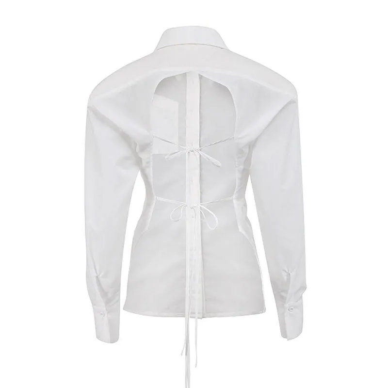 Button Up Shoulder Pad Pointed Collar Tie String Backless Blouse - White