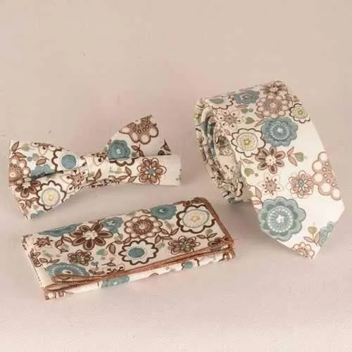 Casual Flowers Painted Tie Pocket Square Bow Tie - Coffee