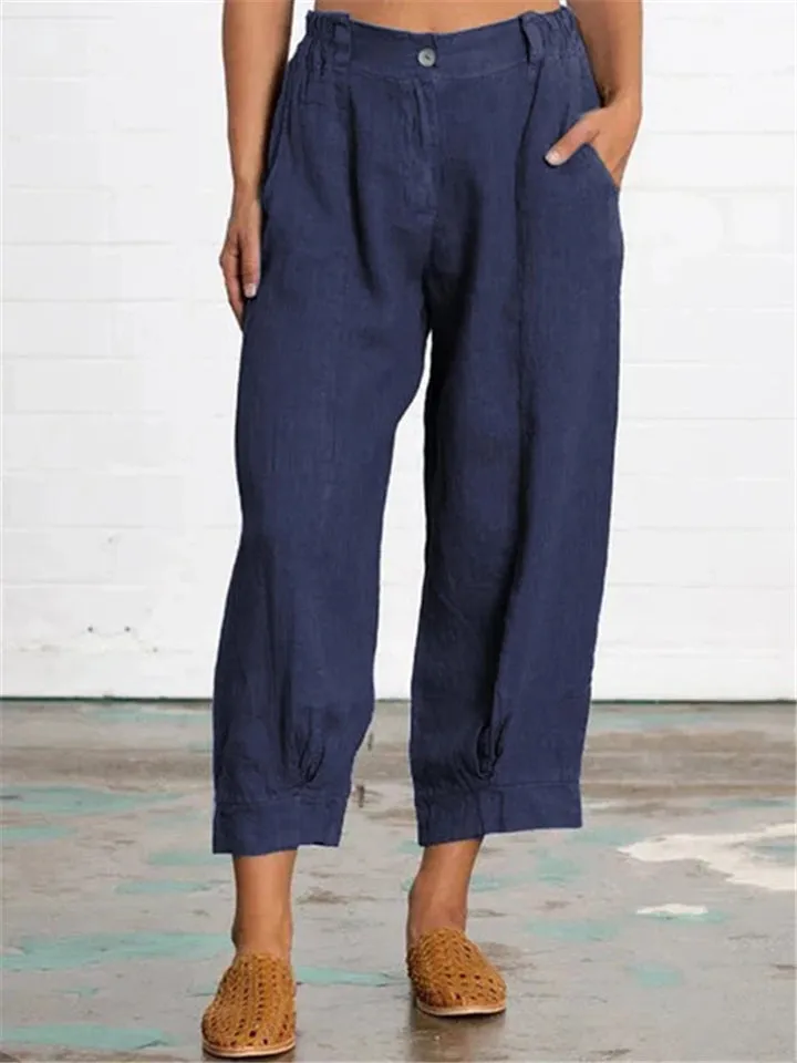 Casual Loose Cotton Linen Solid Color Pockets Pant