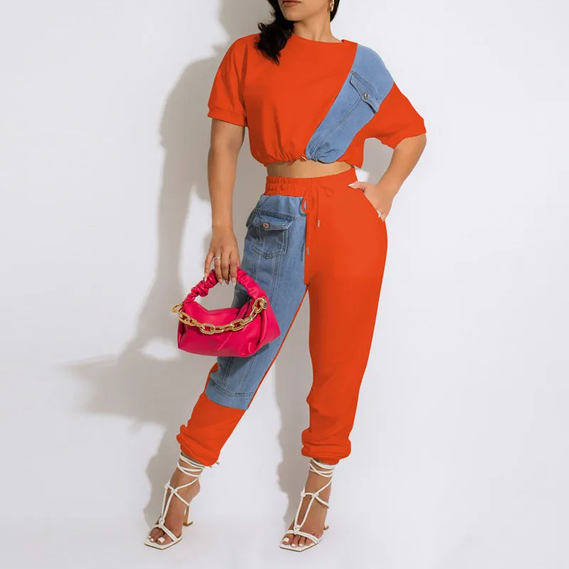 Colorblock Short Sleeve Denim Patchwork 2PCS Pants Set