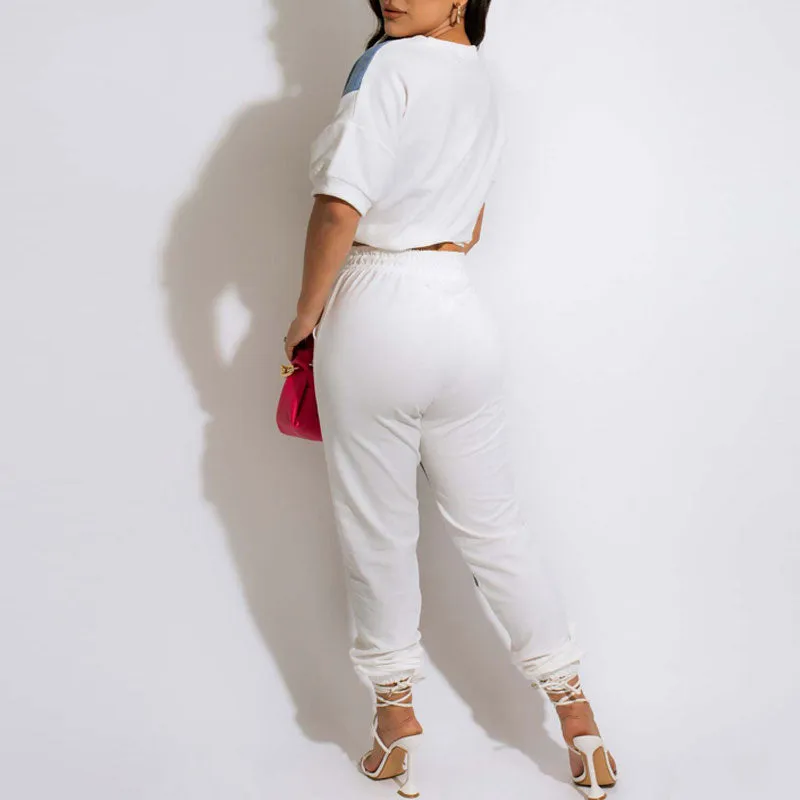 Colorblock Short Sleeve Denim Patchwork 2PCS Pants Set
