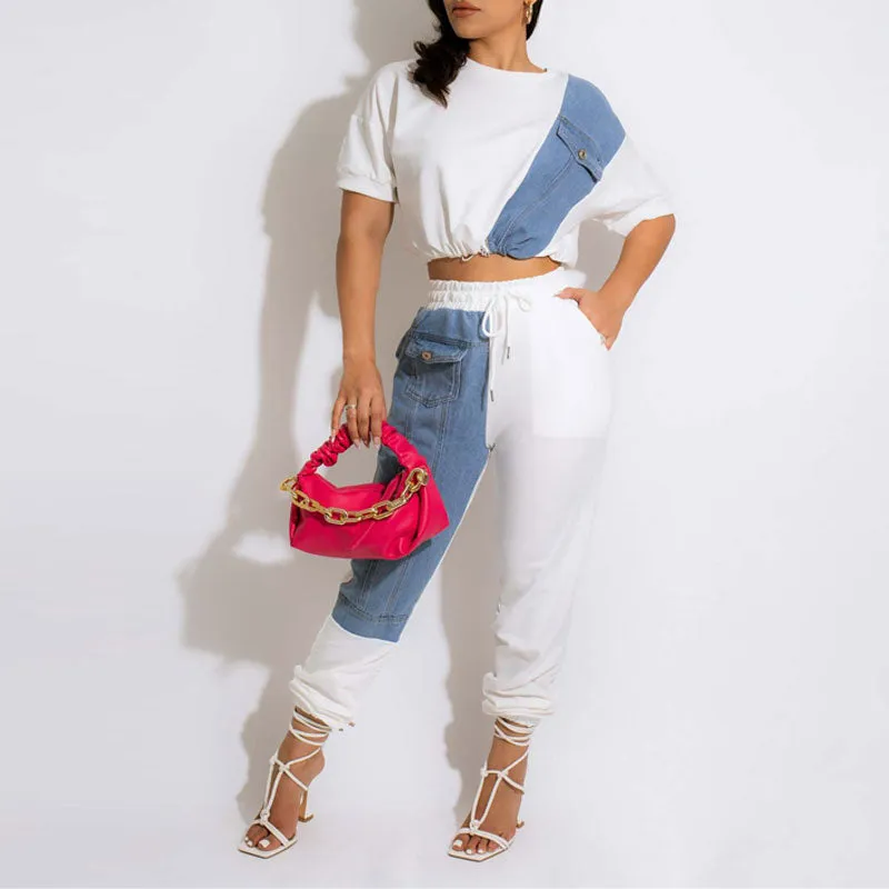 Colorblock Short Sleeve Denim Patchwork 2PCS Pants Set