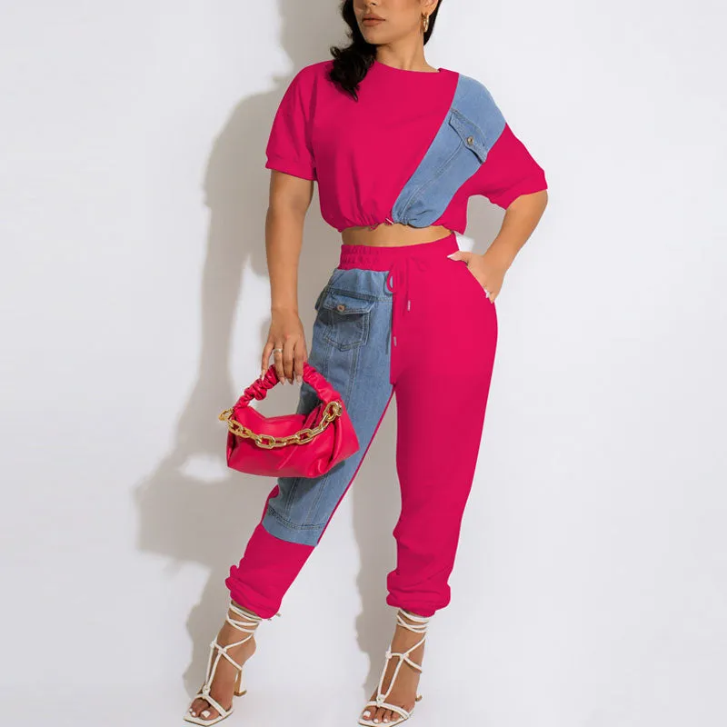 Colorblock Short Sleeve Denim Patchwork 2PCS Pants Set