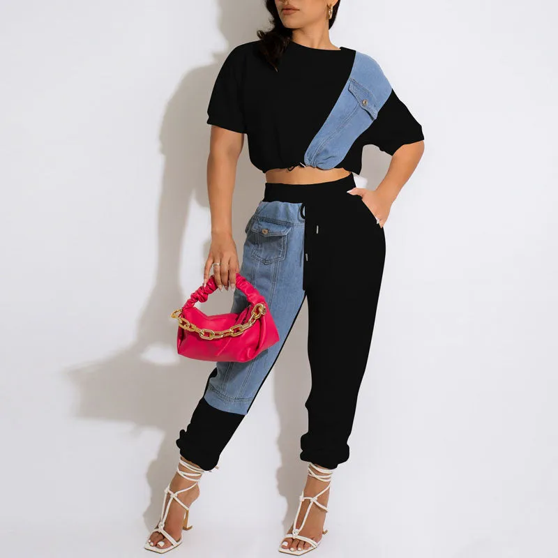 Colorblock Short Sleeve Denim Patchwork 2PCS Pants Set