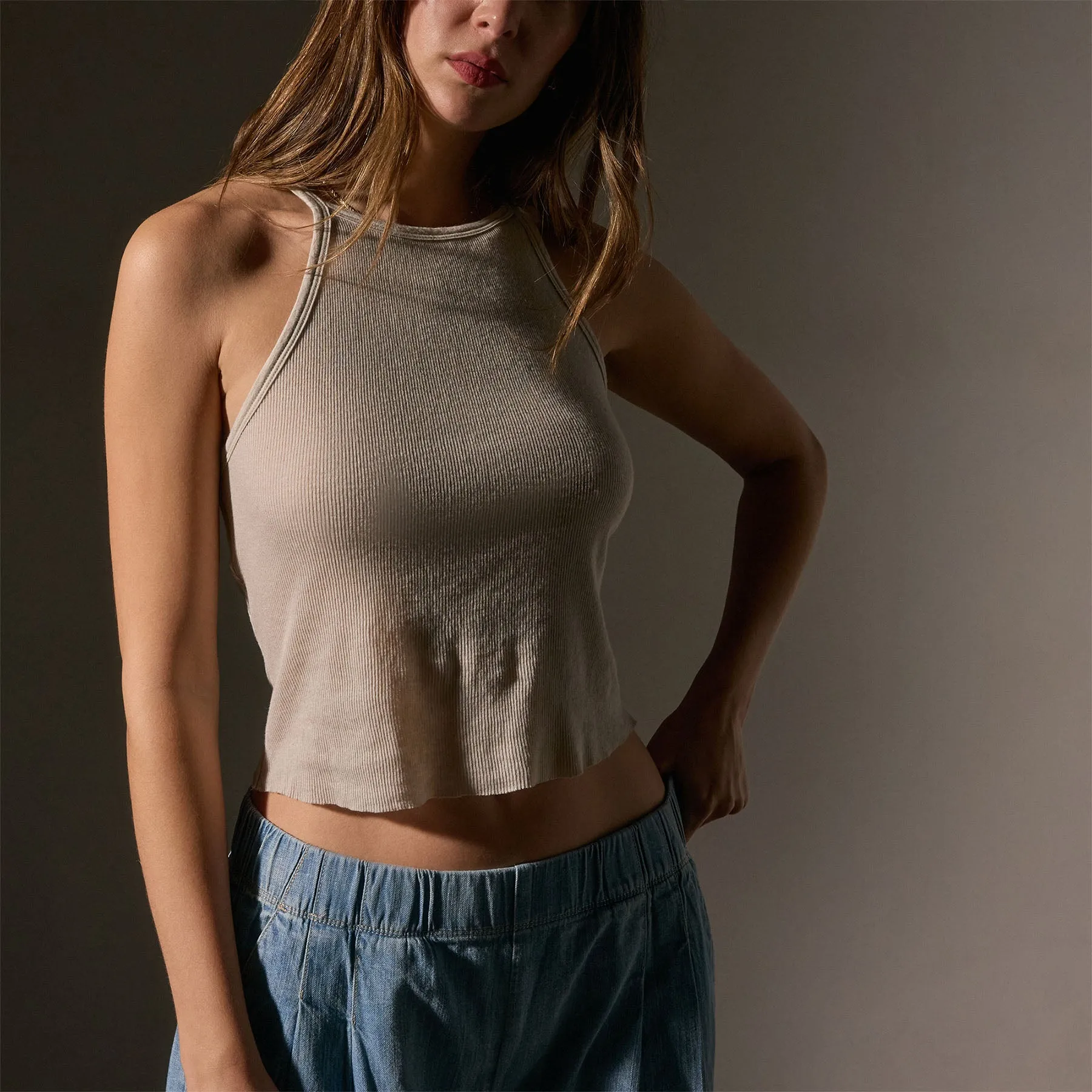 Cotton Cashmere Ribbed Racer Back Tank - Salt